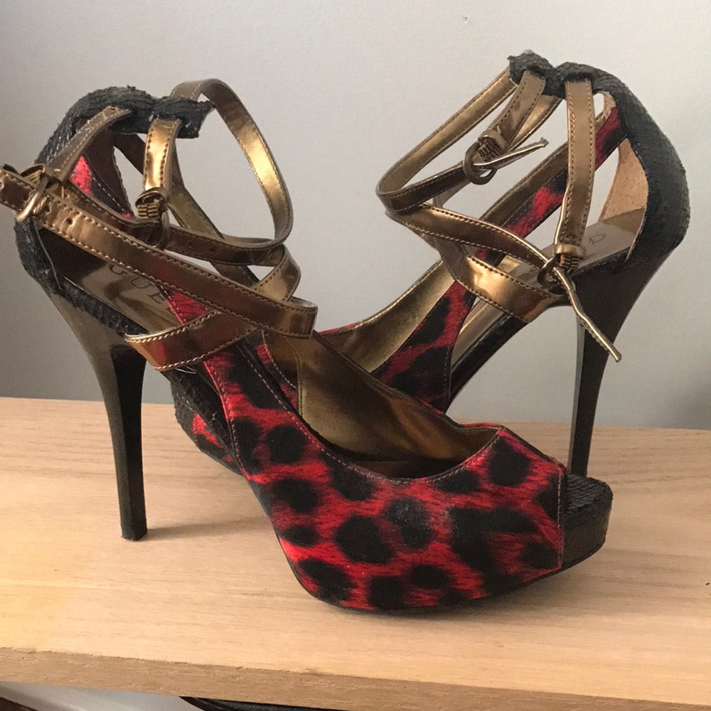 Guess Red cheetah heels with gold straps